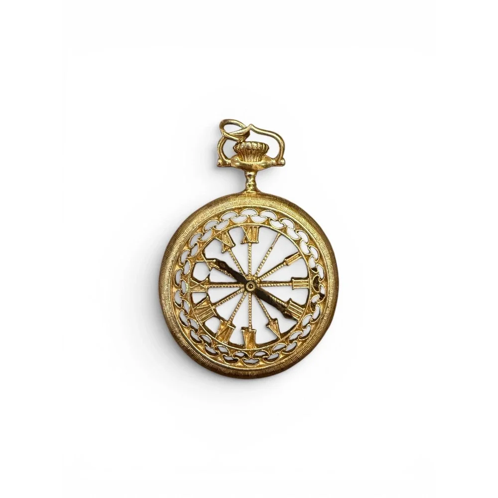 Vtg 60s Sarah Coventry Gold Tone Skeleton Watch Face‎ Pendant charm for necklace